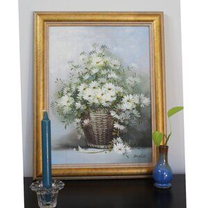 Vintage Framed Original painting On Canvas StillLife, Daisies In Basket, Gilt...